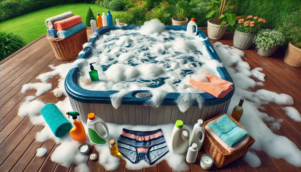 Foamy hot tub surrounded by swimwear and towels, with bath products and oils nearby, indicating a buildup of organic compounds and detergents.