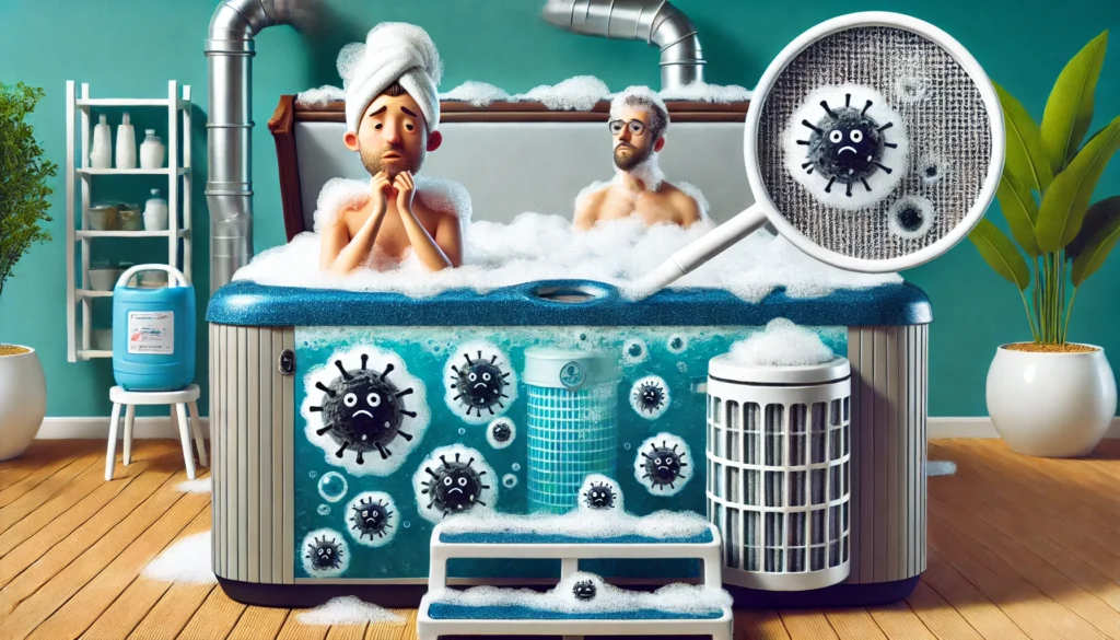 Hot tub with excessive foam, user checking irritated skin in the background, and a clogged filtration system, highlighting potential health risks and equipment damage.