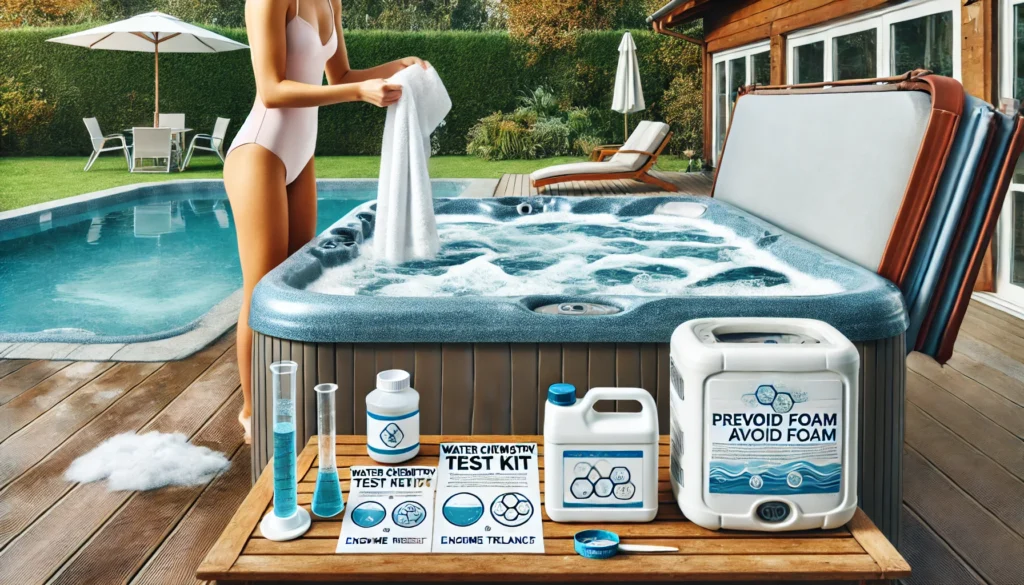 A clean, foam-free hot tub with a person rinsing their swimsuit, a water chemistry test kit, enzyme treatments, and a cleaned filter nearby, highlighting preventive measures.