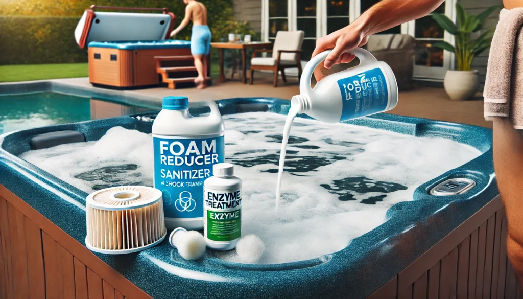 A hot tub with visible foam being treated with foam reducer, with enzyme treatments, sanitizer, and a clean filter nearby, highlighting immediate and long-term solutions for foam removal.