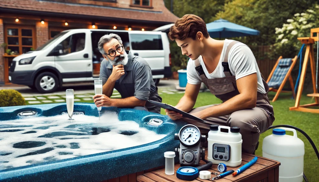 A hot tub technician inspecting a foamy hot tub, with diagnostic tools, while the homeowner looks on. The technician’s van is visible in the background, highlighting professional help for hot tub maintenance.