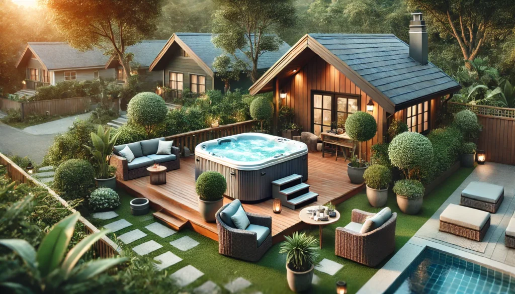 A cozy backyard setup featuring a hot tub placed on a sturdy deck near the house, surrounded by greenery. The scene includes comfortable outdoor seating and a relaxing atmosphere, offering a balance of privacy and easy access to the house for convenience and relaxation.