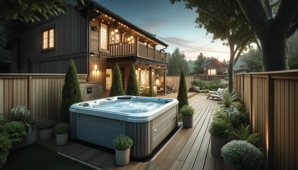 A cozy backyard setting with a modern hot tub installed on a spacious deck. The hot tub is conveniently placed near the house, surrounded by tall plants and fences for privacy, with soft outdoor lighting enhancing the relaxing atmosphere as the sky transitions into sunset.