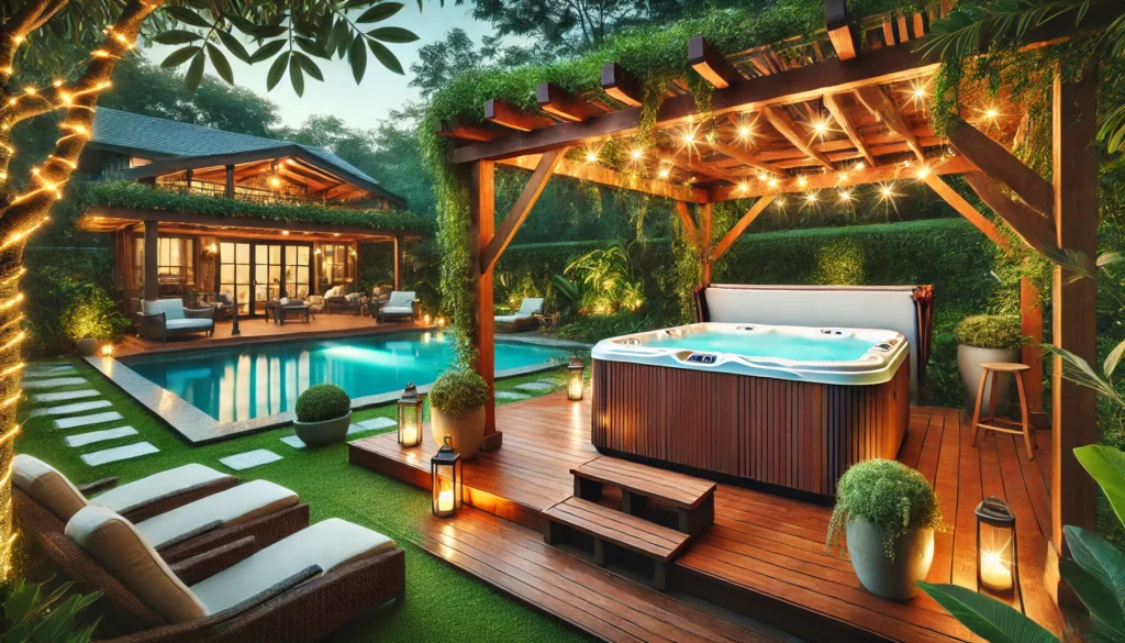 A serene outdoor setup featuring a hot tub on a spacious wooden deck, next to a cozy pergola draped with lights, surrounded by lush landscaping, and with a view of a pool in the background, creating a resort-like backyard oasis.