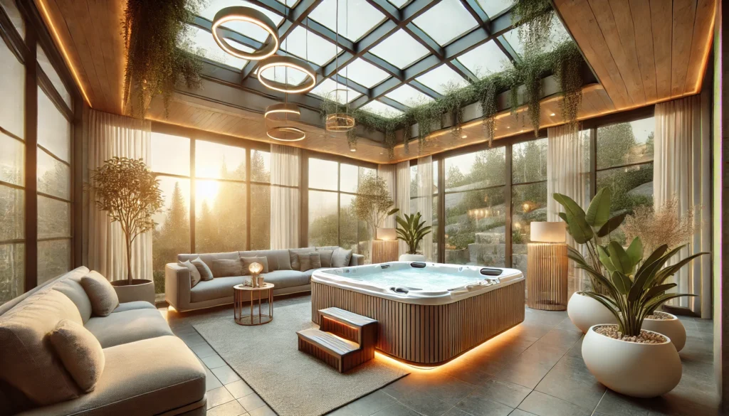 A cozy indoor sunroom featuring a hot tub with large windows, soft lighting, and surrounding plants.