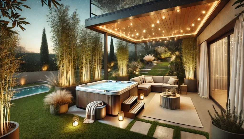 A beautifully designed outdoor hot tub area enhanced with tall grasses and bamboo for privacy, string lights hanging above, comfortable seating, a small table for drinks, and a retractable awning for weather protection.