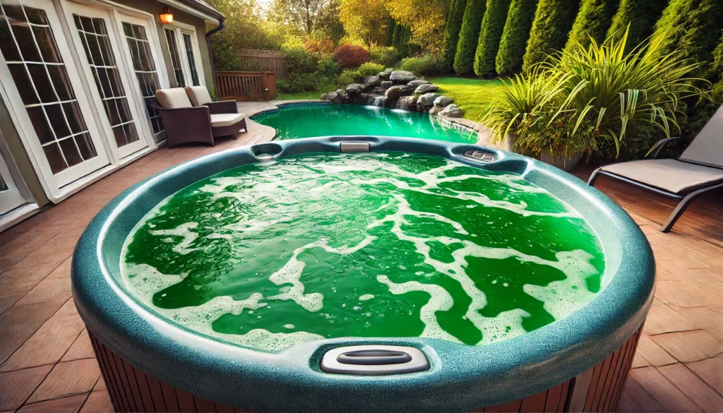 A hot tub with green-tinted water in a peaceful backyard surrounded by greenery, highlighting an issue of algae or metal oxidation in the water.