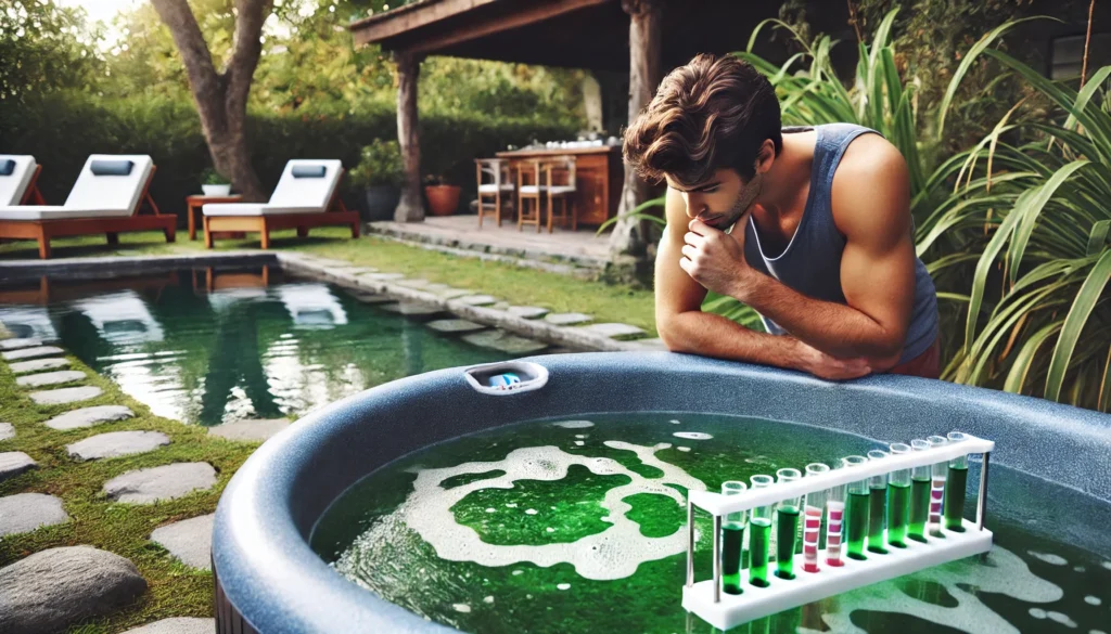 A person inspecting the water of their hot tub, checking for green-tinted water possibly caused by algae or metal oxidation. The hot tub is set in a peaceful backyard with trees and plants in the background. Test strips for water chemistry are placed nearby, and the person is examining the condition of the water thoughtfully.