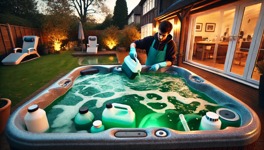 A well-maintained hot tub with a clean cover, surrounded by lush plants, demonstrating proper care and prevention methods to avoid green water issues.