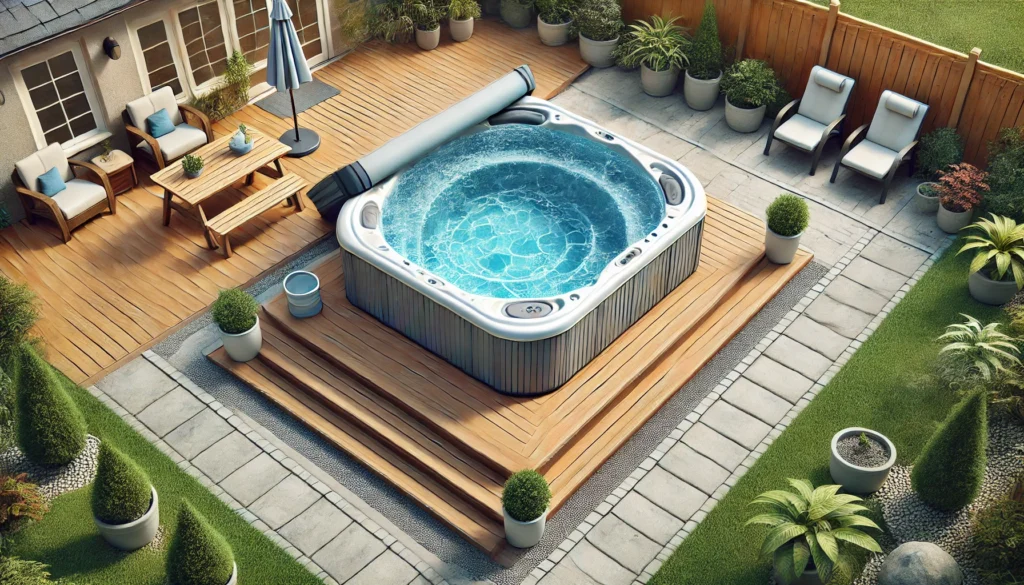 A well-maintained hot tub in a backyard, with a secure cover and clear water, surrounded by neat plants, showcasing proper upkeep.