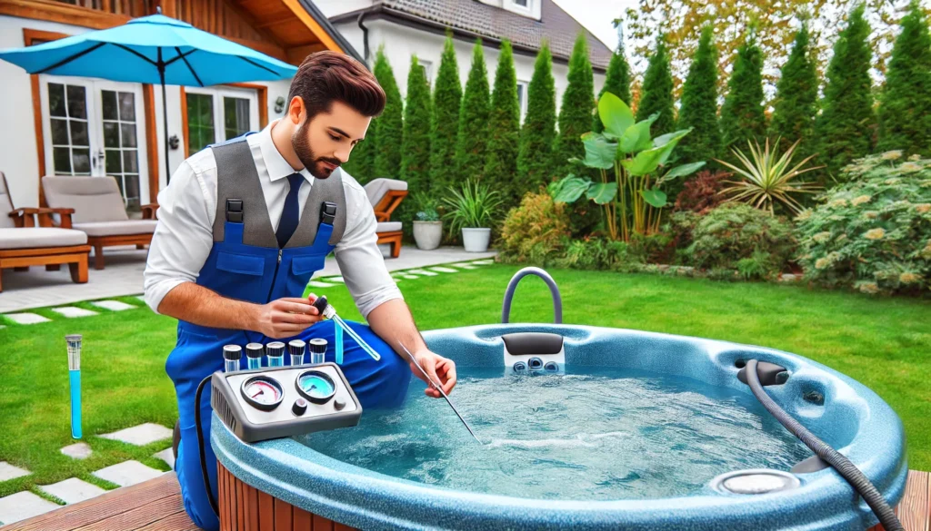 A professional hot tub technician inspecting water and equipment in a clean backyard, using advanced water testing tools.