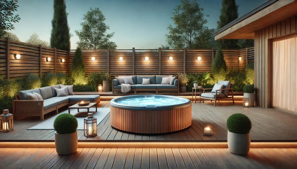 A cozy backyard setup with a modern hot tub on a spacious wooden deck, surrounded by soft lighting, greenery, and outdoor furniture. The tranquil evening sky adds to the relaxing and luxurious atmosphere.