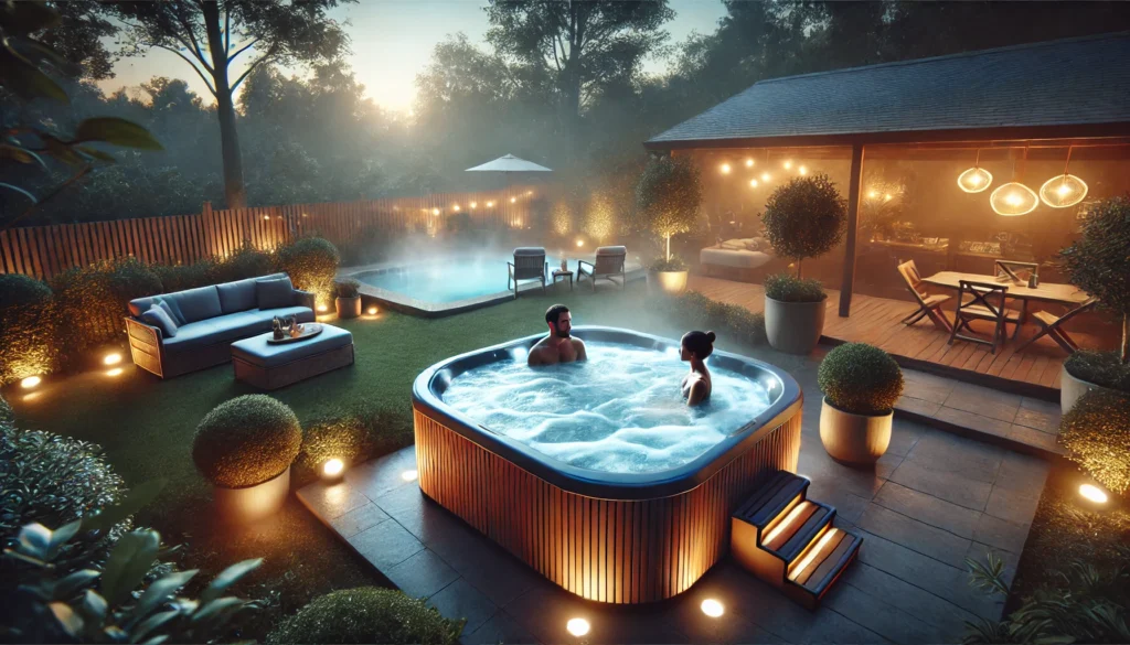 A peaceful backyard setting at dusk featuring a modern hot tub with soft bubbling water. Warm lighting creates a relaxing and inviting atmosphere as two people enjoy a calm conversation in the hot tub. The surrounding greenery and comfortable chairs add to the serene environment.