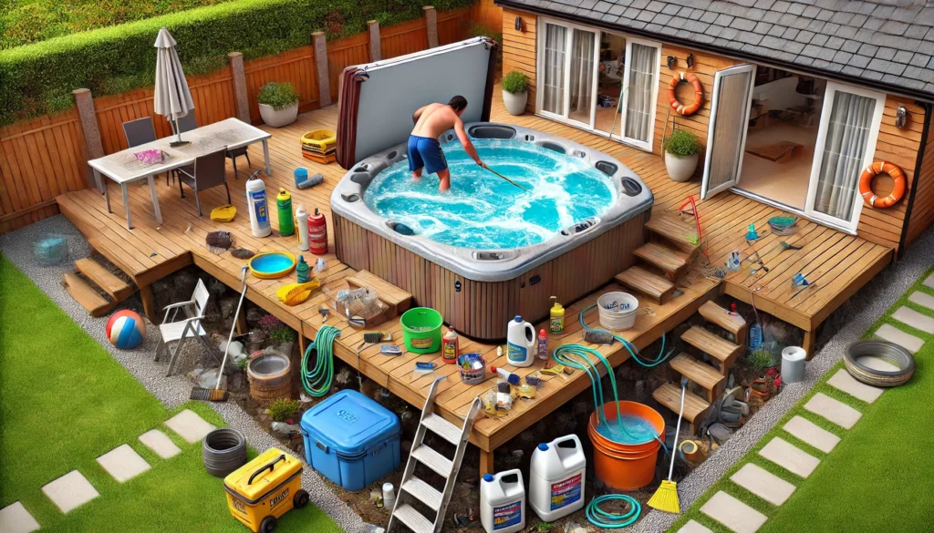 A backyard setting showcasing potential drawbacks of hot tub ownership, with visible space constraints and maintenance equipment like chemicals and brushes. A person struggles with checking chemical levels, and a garden area has been compromised to make room for the hot tub.