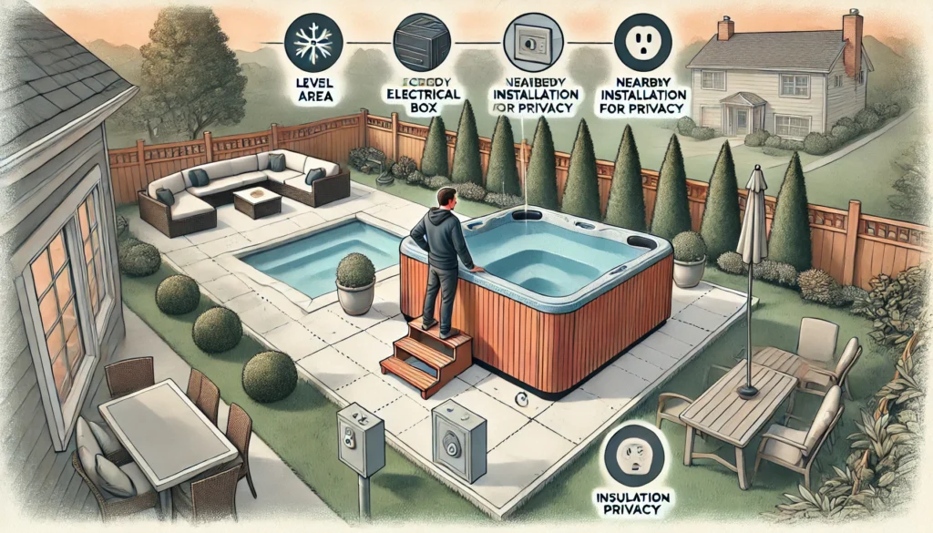 A person carefully considering the placement of a hot tub in their backyard, surrounded by privacy hedges, electrical outlets, and a level installation area, with key factors such as insulation, space, and climate being highlighted.