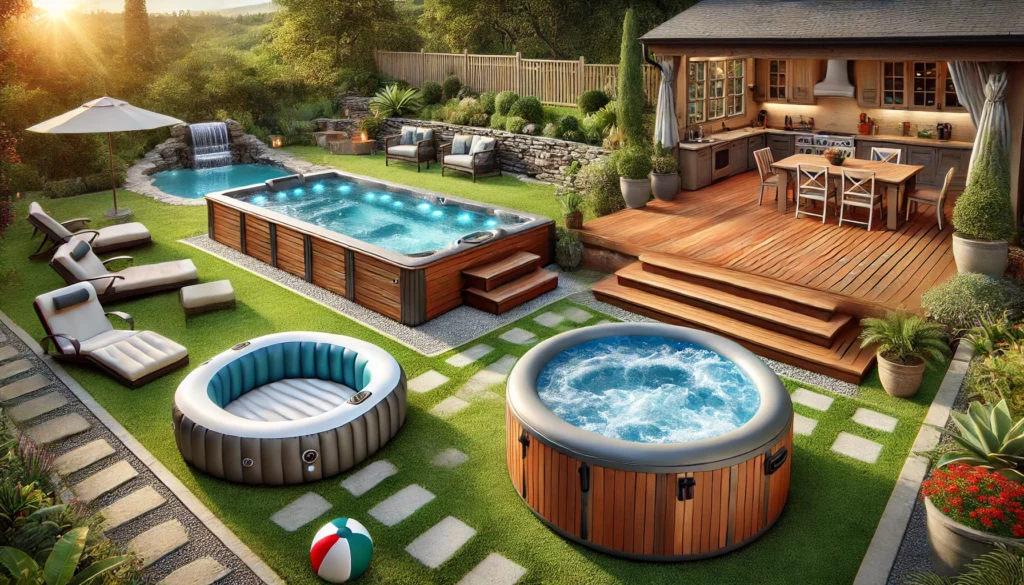 A backyard with various hot tub types displayed, including an in-ground hot tub blending into the landscape, an above-ground acrylic hot tub in multiple colors, and an inflatable portable hot tub. The scene highlights different materials like wood and acrylic, with decorative lighting and water jets.