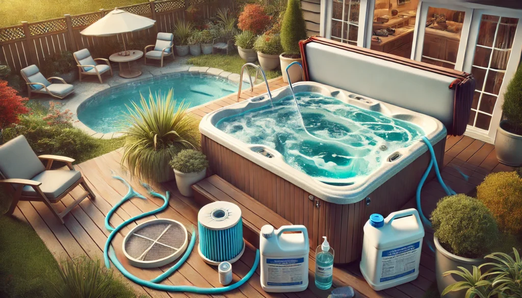 Backyard hot tub maintenance with water testing, cover cleaning, and filter rinsing