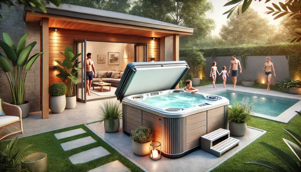 A serene backyard setting featuring a modern hot tub with a partially open, lockable cover. The hot tub water is at a comfortable 100°F. An adult supervises children playing nearby, highlighting safety precautions in a tranquil outdoor environment with natural plants and soft lighting.