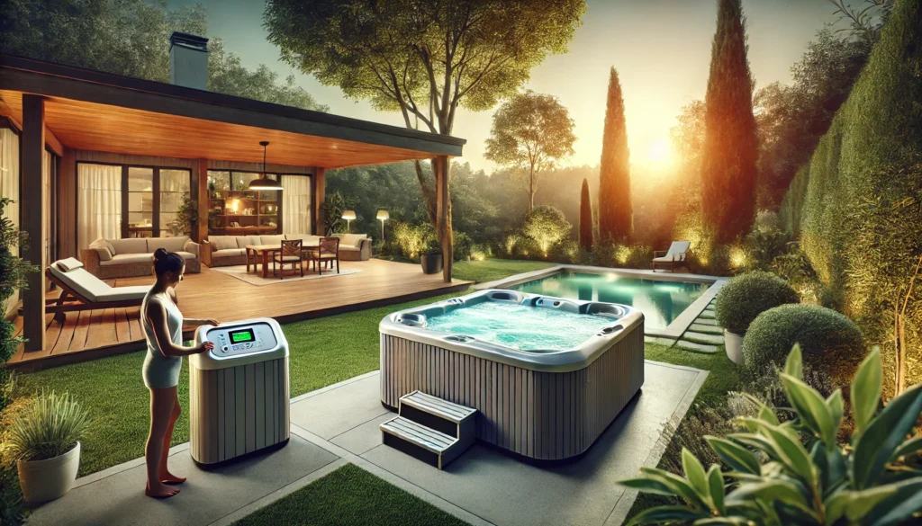 A serene backyard hot tub scene showcasing energy-efficient features like a well-insulated hot tub with a thick cover. A person is adjusting a timer to manage energy usage while the hot tub is surrounded by lush greenery. The setting sun adds a warm glow to the environment, emphasizing the focus on energy efficiency and cost management.