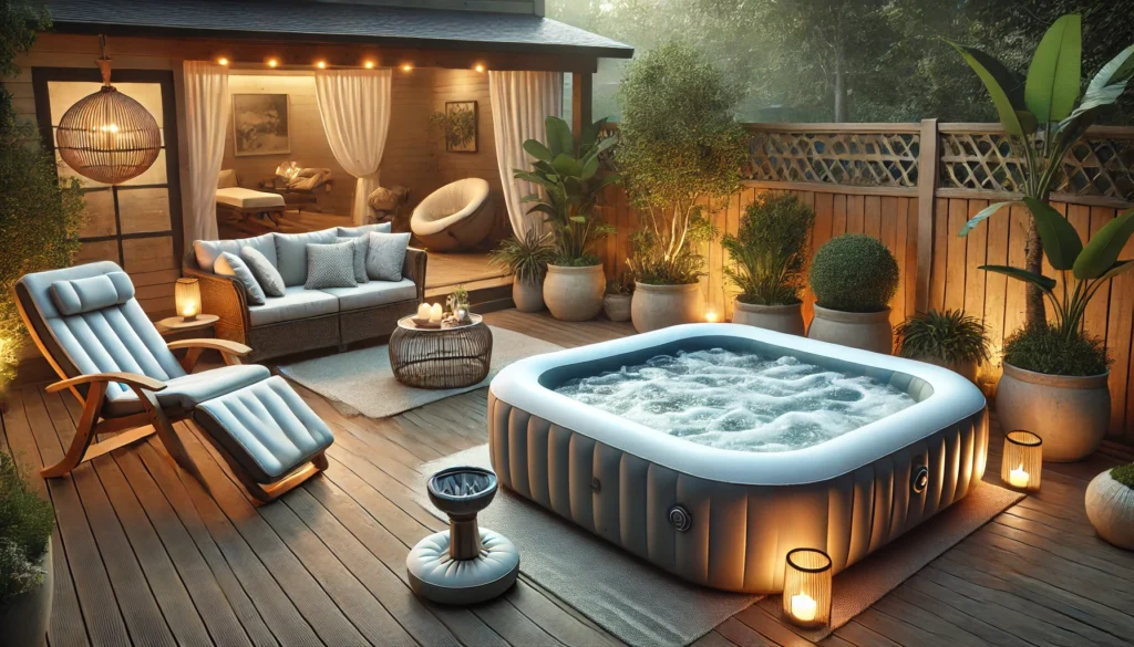 A serene backyard setup featuring an inflatable portable hot tub on a deck with cozy seating, plants, and warm evening lighting, alongside a massage chair and small indoor spa area for alternative relaxation.