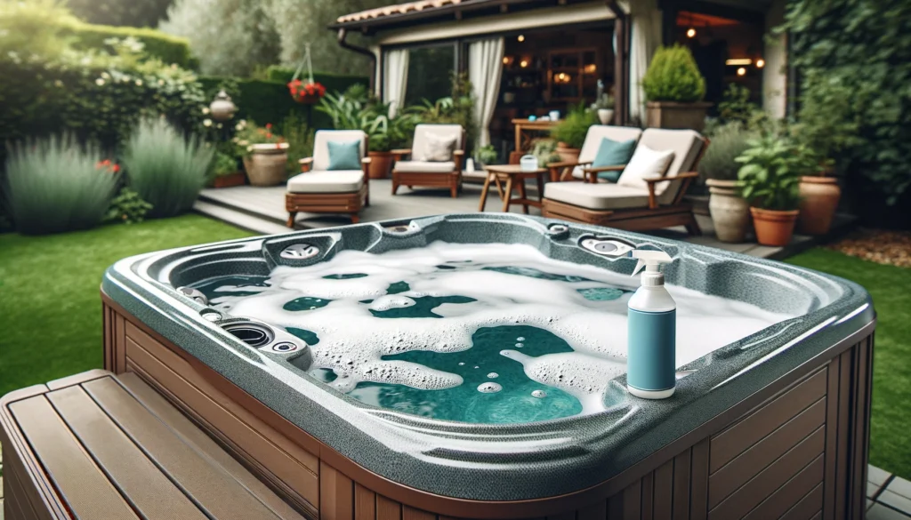 A backyard hot tub with light foam on the water's surface, surrounded by a cozy patio and greenery. A bottle of anti-foam solution is placed next to the tub, ready to be used for foam removal.