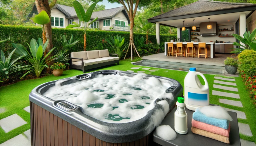 A backyard hot tub scene with noticeable foam on the water surface, surrounded by lush greenery and a modern patio. A bottle of anti-foam solution and cleaning supplies are placed nearby, suggesting an upcoming maintenance session.