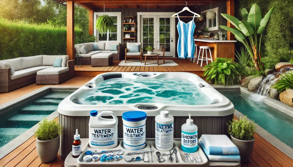 A serene backyard setting with a crystal-clear hot tub. Essential maintenance items like a water testing kit, enzyme treatment bottle, and a rinsed swimsuit are visible nearby, along with a clean filter and a sign encouraging guests to shower before soaking. The scene is calm, surrounded by lush greenery and comfortable outdoor seating.