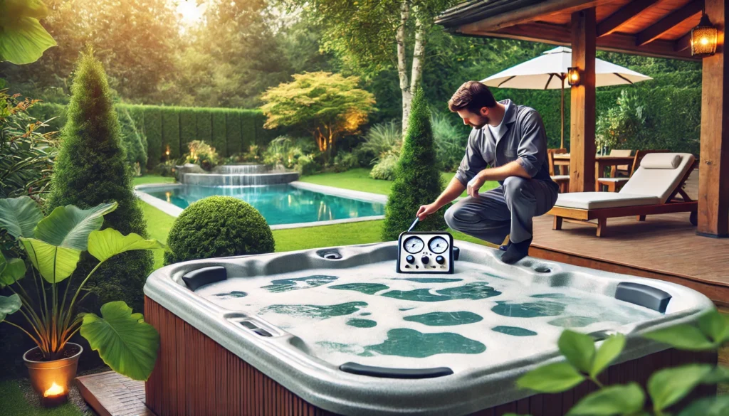 A serene backyard hot tub with a professional technician inspecting the water for foam issues using testing equipment. The water in the tub is slightly foamy, surrounded by greenery and a peaceful atmosphere.