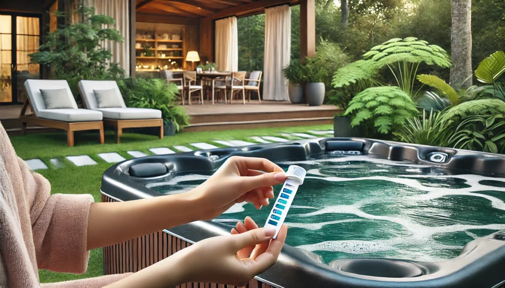 A serene backyard setting with a modern hot tub, and a person holding test strips to check the chlorine level in the water.