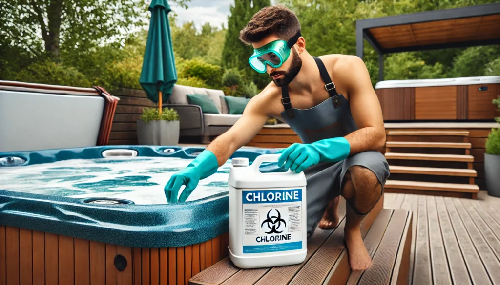  A person wearing safety gloves and protective eyewear carefully handling chlorine near a modern hot tub in a backyard setting, emphasizing proper safety precautions.