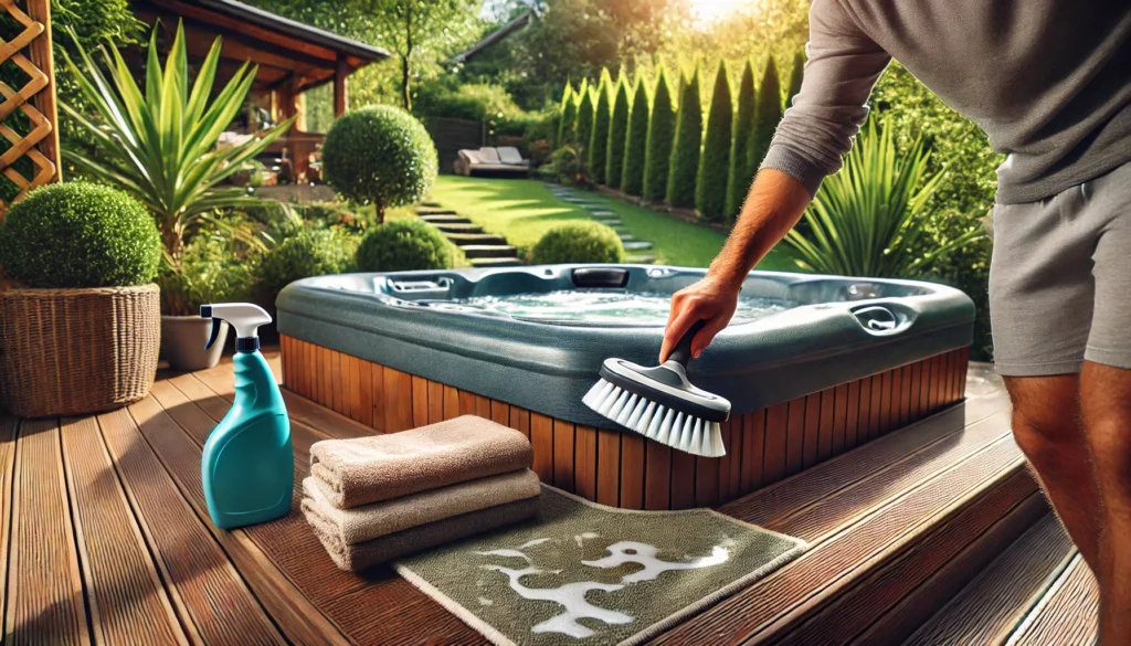 A close-up image of a person cleaning a hot tub cover in a peaceful backyard, using a soft brush. The hot tub is surrounded by greenery on a sunny day, with towels and cleaning supplies like a spray bottle visible nearby.