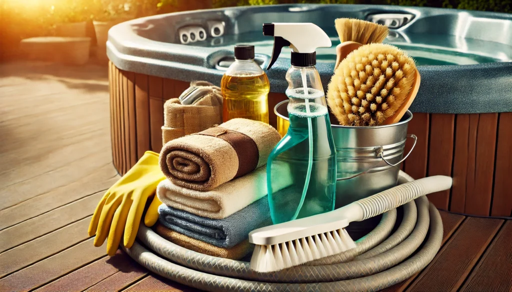 A detailed image of various cleaning supplies gathered for hot tub cover cleaning, including a spray bottle, soft-bristled brush, towels, a garden hose, gloves, and a bucket, all laid out near a hot tub in bright sunlight.