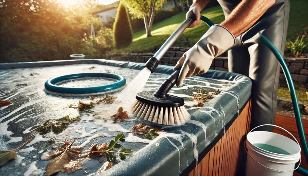 A person using a soft brush and garden hose to clean debris off a hot tub cover, ensuring proper care before scrubbing.