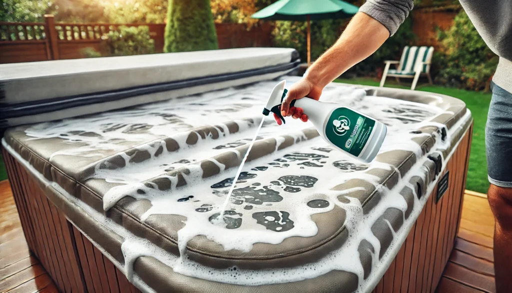 A person using a spray bottle to generously apply cleaning solution to a hot tub cover. The cover is slightly foaming, showing the effectiveness of the cleaning solution. The hot tub is in a backyard setting, surrounded by greenery.