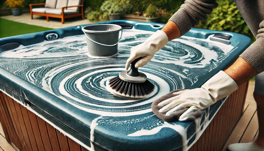 A person scrubbing a hot tub cover thoroughly with a soft-bristled brush, creating circular patterns on the soapy vinyl surface. The hot tub is located in a backyard with greenery visible, and cleaning supplies, including a bucket, are nearby.