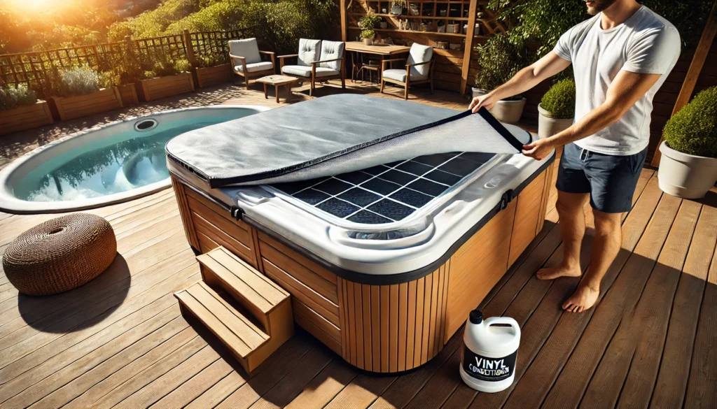 A clean and well-maintained hot tub cover being carefully handled with a protective solar blanket in a sunny backyard setting, with vinyl conditioner nearby.