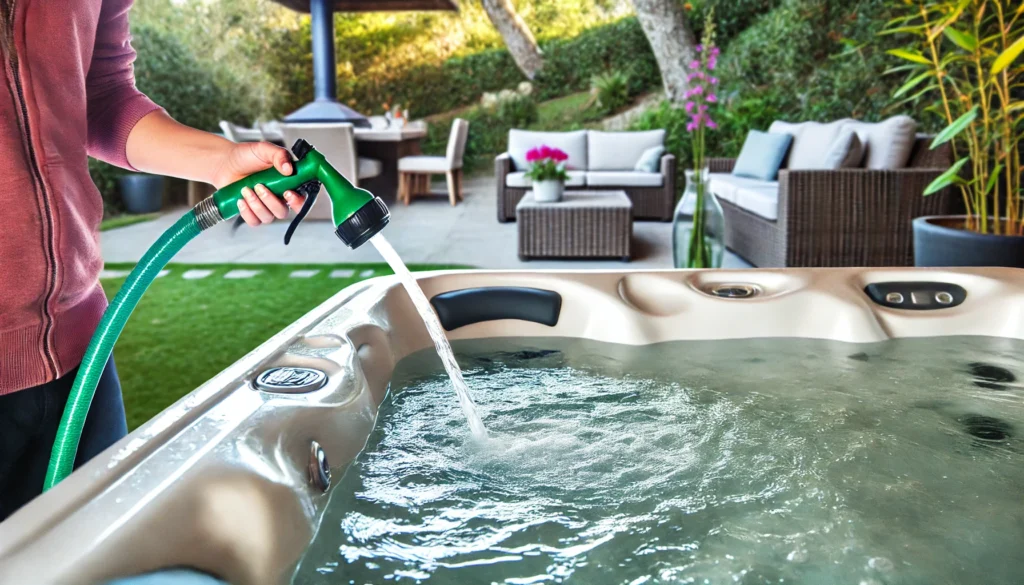 A detailed scene of someone carefully filling a clean hot tub with water using a garden hose, ensuring the correct water level above the highest jet.