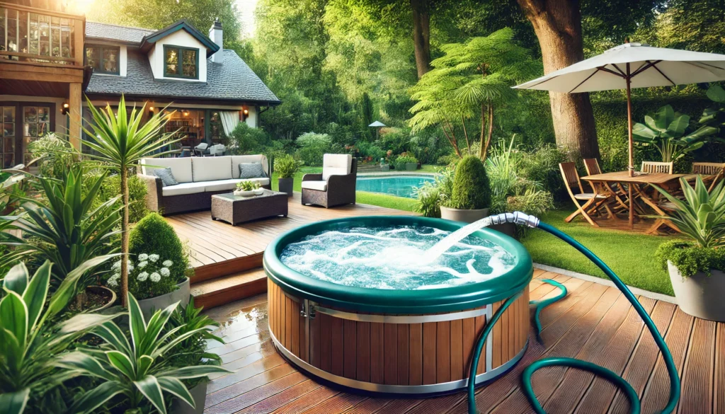 A clean, well-maintained hot tub with crystal-clear water being filled by a garden hose in a peaceful backyard setting, surrounded by lush greenery and outdoor furniture, creating a relaxing and inviting atmosphere.