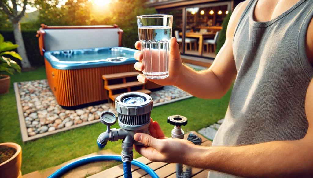 A person checking water quality from a garden hose with a pre-filter attached, holding a clear glass of water to the light for inspection, with a clean hot tub in the background in a well-maintained backyard, highlighting the importance of using the right water source.