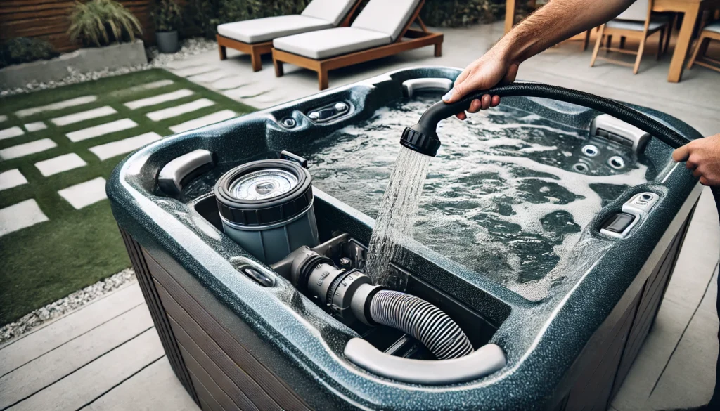 A person filling a hot tub with water using a garden hose. The hose is positioned securely in the filter compartment of the hot tub, and water is steadily flowing in, filling the tub. The scene captures a modern backyard setup with lounge chairs in the background, while the person carefully monitors the water level.