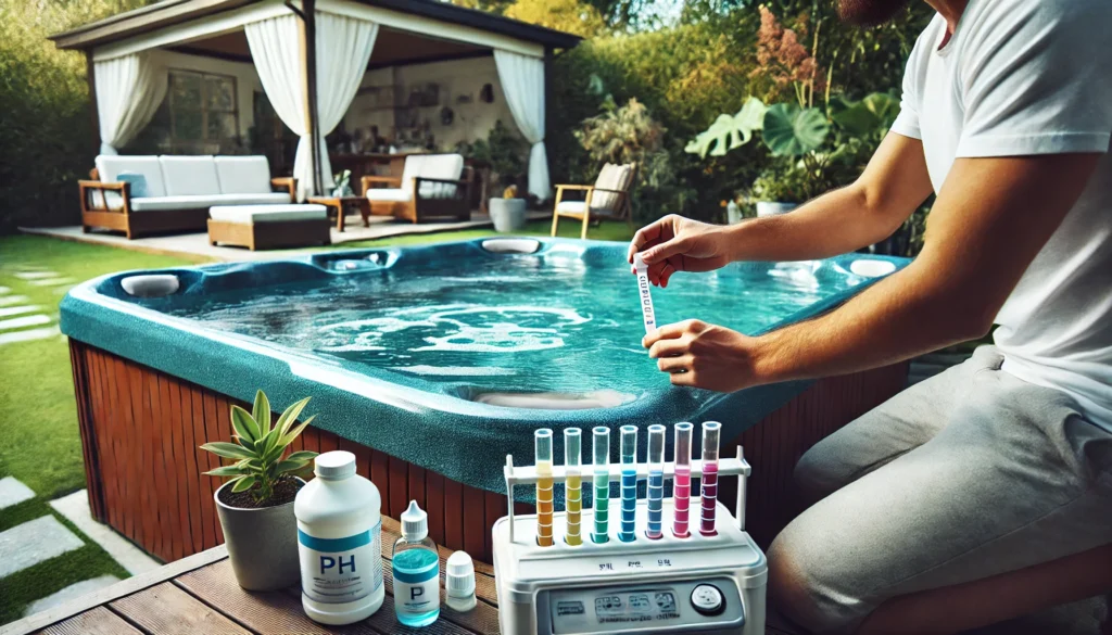 A person testing water chemistry in a clean, well-maintained hot tub using test strips, with spa chemicals and testing equipment nearby. The hot tub is in a relaxing backyard setting with outdoor furniture and plants.