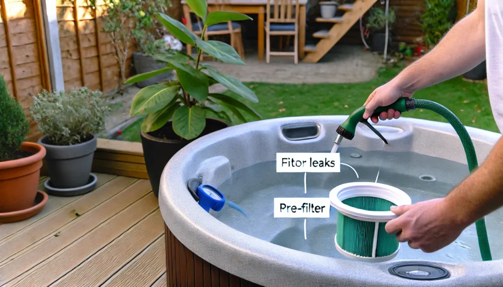 A detailed scene of a person filling a hot tub while carefully monitoring the water level to avoid overfilling.