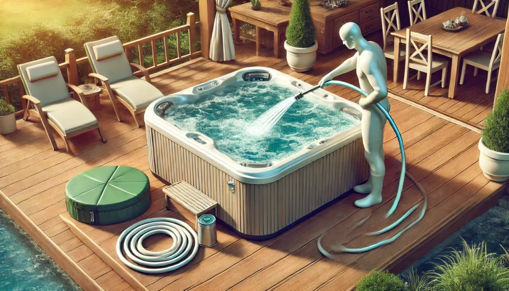 A detailed scene of a person carefully filling a clean, well-maintained hot tub using a garden hose, ensuring the water level is correct. The hot tub is set on a wooden deck, surrounded by a serene outdoor environment with greenery in the background.