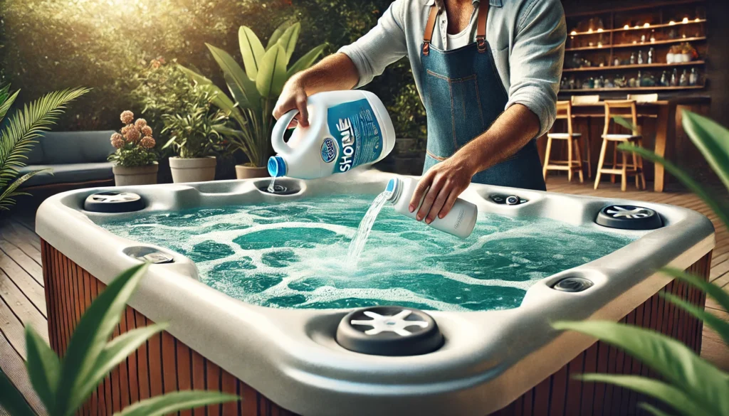 A person carefully adding chlorine to a clean, well-maintained hot tub in a backyard setting. The chlorine is being poured from a container while the hot tub jets are running, surrounded by greenery, emphasizing proper hot tub maintenance and chlorine treatment.