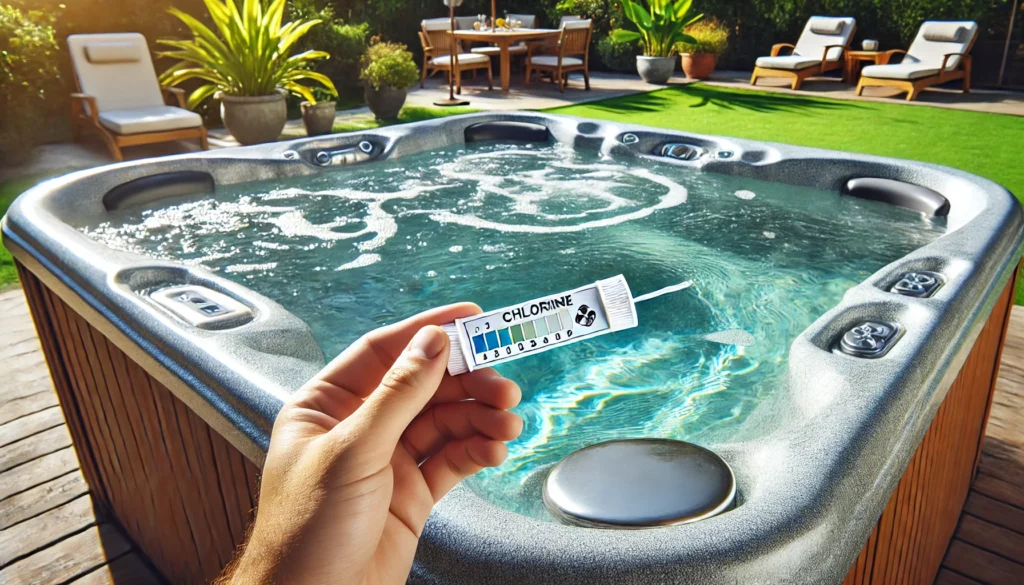 A clean, well-maintained hot tub in a sunny backyard, with water ripples from the jets and a hand holding a chlorine test strip displaying chlorine levels near the edge. The surroundings feature greenery and patio furniture, with bright, warm weather.