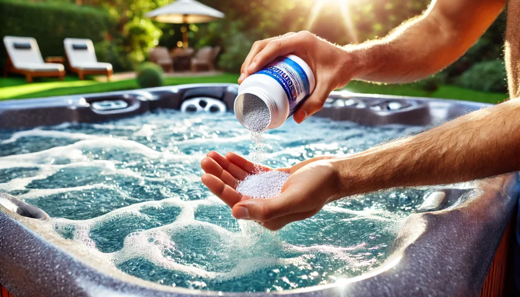 A person carefully adding granular chlorine to a hot tub with jets running, ensuring even distribution. The scene is set in a serene backyard with sunlight reflecting off the bubbling water, creating a fresh and clean atmosphere.