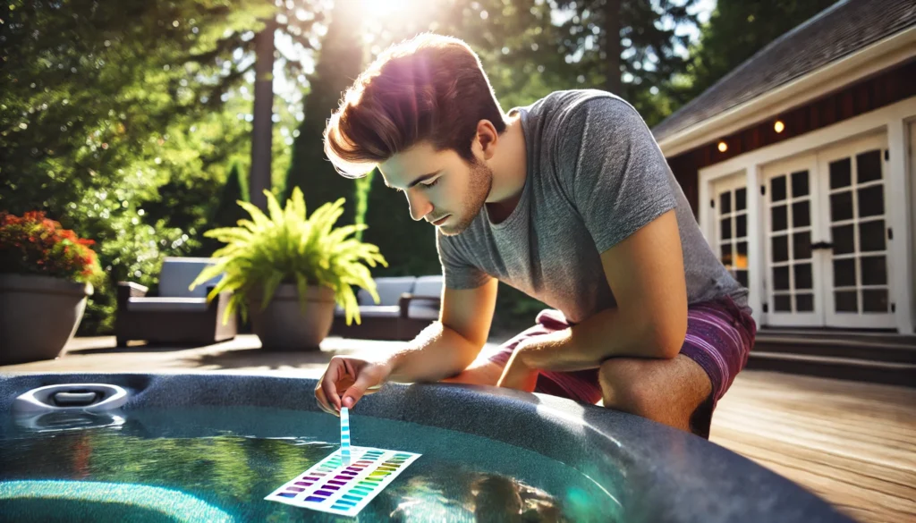 A man uses test strips to check chlorine levels in a hot tub, surrounded by a tranquil backyard setting with lush greenery and soft sunlight filtering through the trees.