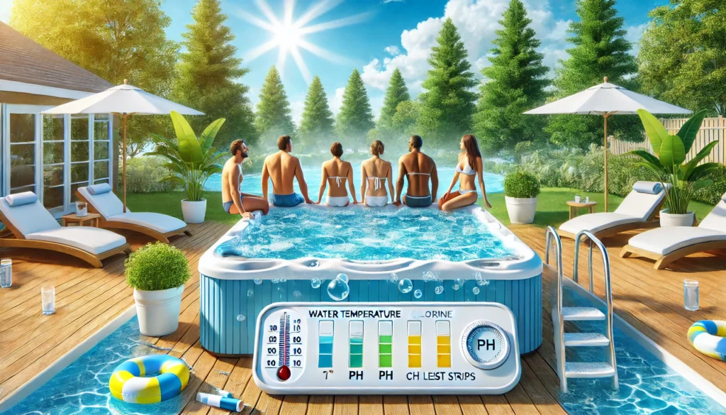 A clear hot tub on a sunny day surrounded by trees and people, with a focus on water temperature, pH levels, and chlorine test strips, symbolizing the balance of factors affecting chlorine effectiveness.