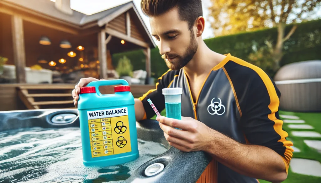 A person carefully maintaining a hot tub by balancing water chemicals. The person is holding a test strip and chlorine container next to a well-maintained hot tub in a backyard setting.