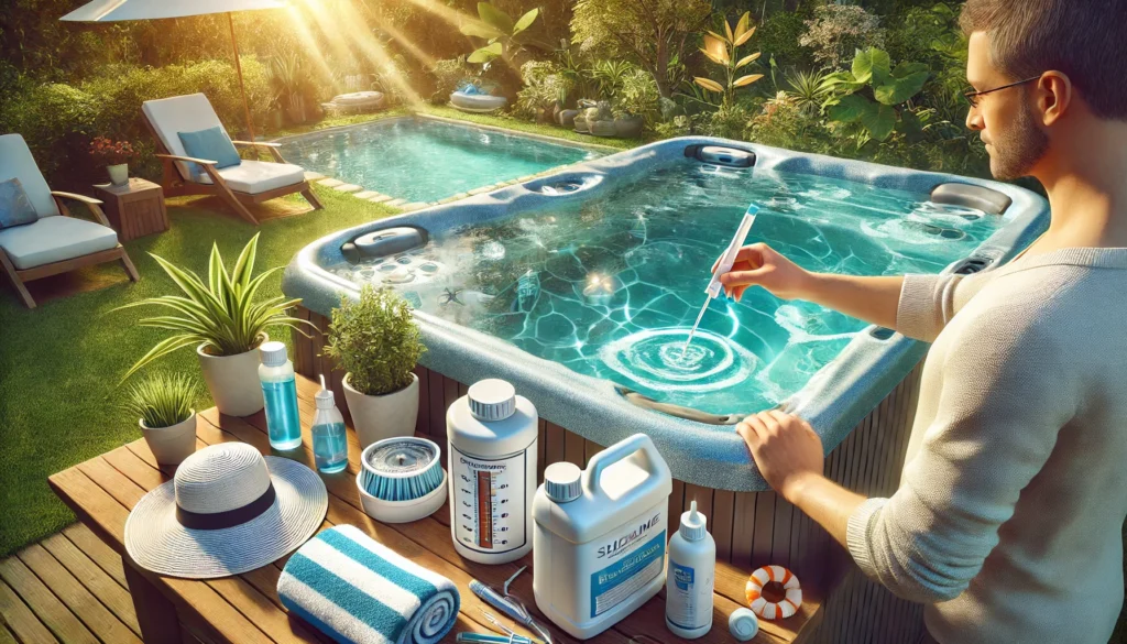 Person testing hot tub water levels with a test strip in a serene backyard. Nearby, chlorine containers and cleaning supplies are neatly placed on a wooden table. The hot tub is surrounded by lush plants, and sunlight reflects off the clear water, emphasizing a well-maintained setup